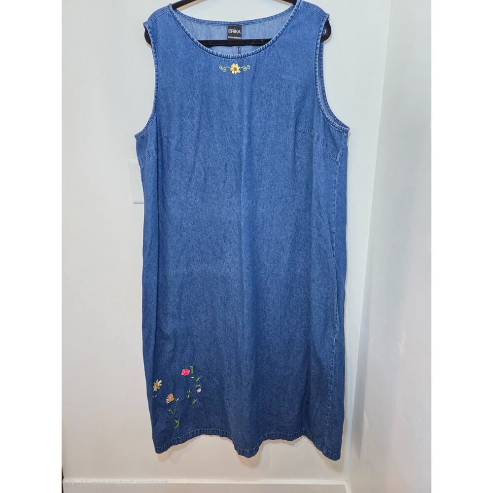 VTG Denim Jumper Dress Sz XL Embroidered Flowers Teacher Countrycore - Picture 2 of 10